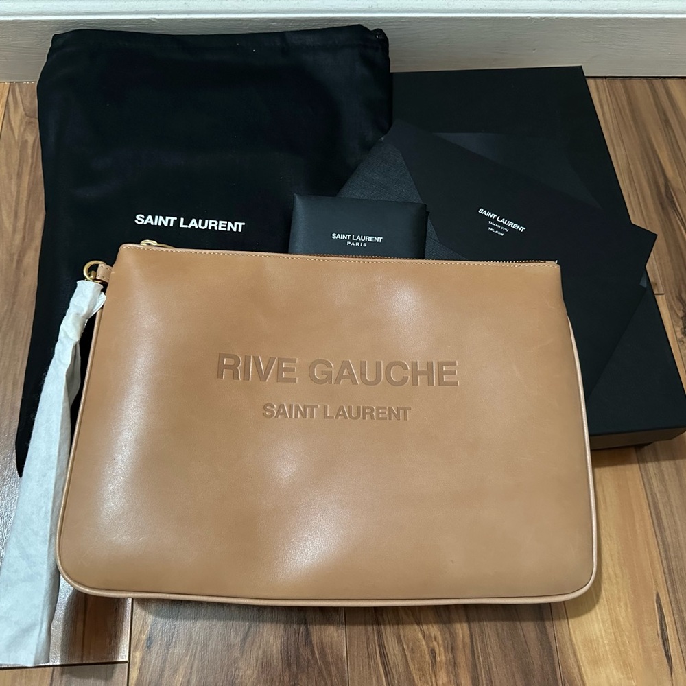 Saint Laurent Tan Leather Clutch Toiletry Bag
